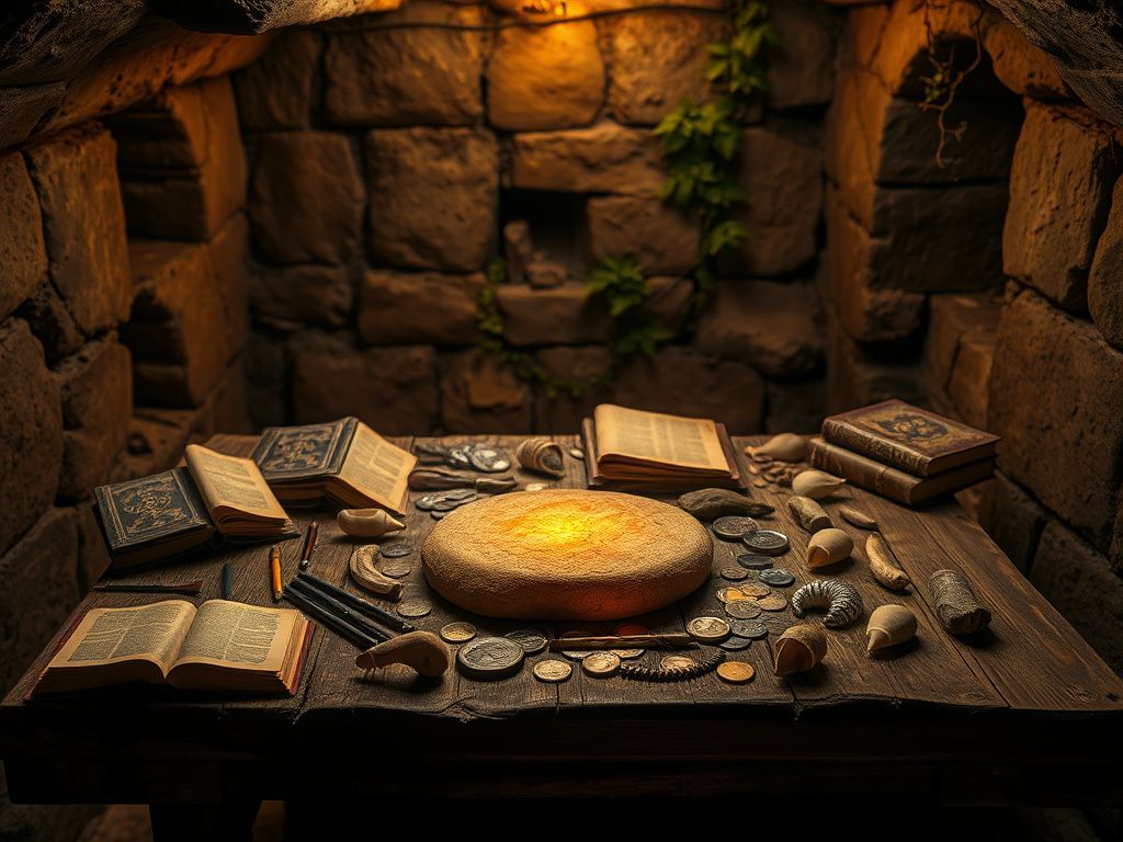 Flick International Dimly lit underground excavation site with medieval artifacts displayed on a wooden table