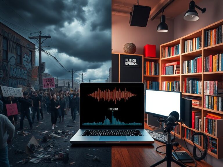 Flick International A split image depicting contrasting political protests and a vibrant podcast studio