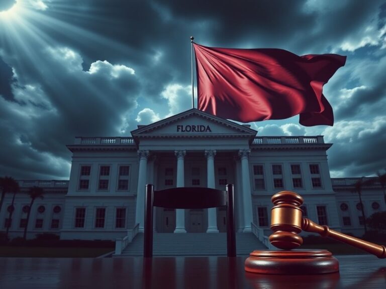Flick International Dramatic scene of Florida state legislative building with courtroom chair and gavel symbolizing legislative exclusion