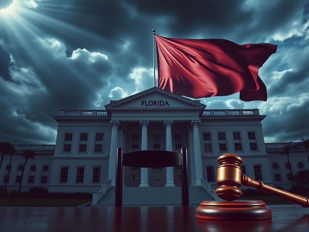 Flick International Dramatic scene of Florida state legislative building with courtroom chair and gavel symbolizing legislative exclusion