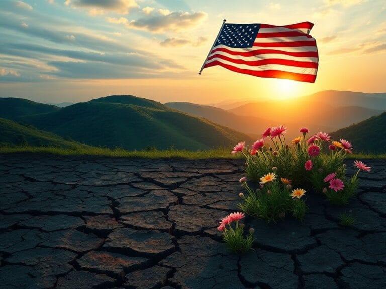 Flick International Abstract representation of the American landscape showing transition from turmoil to healing with an American flag and wildflowers.