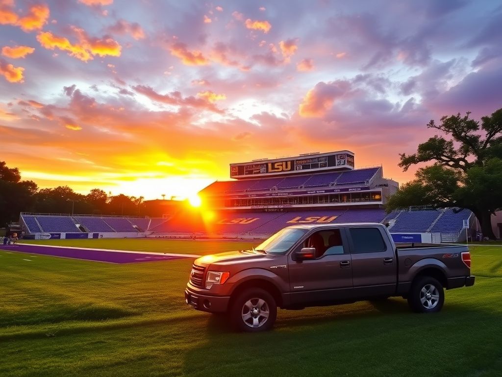 Flick International A vibrant sunset over Tiger Stadium in Baton Rouge with LSUs colors