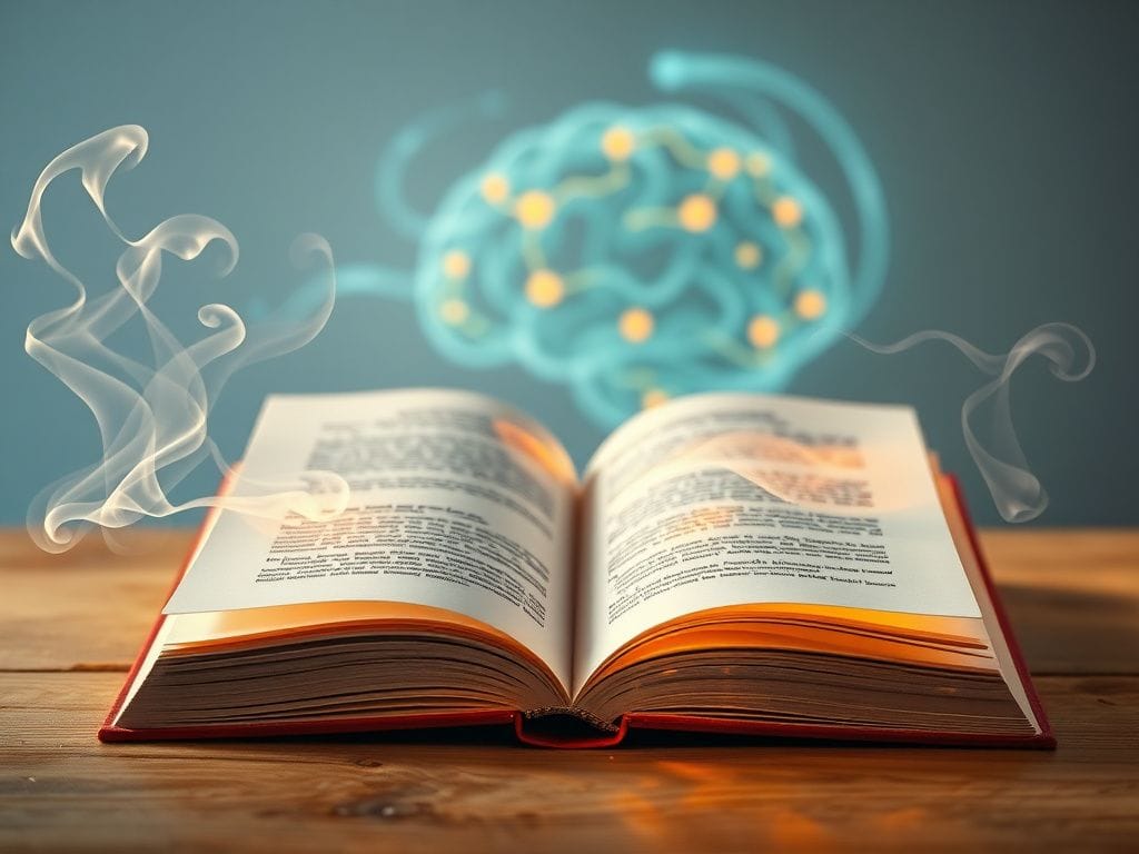 Flick International A serene scene depicting an open book surrounded by ethereal wisps of smoke, symbolizing thoughts and memories related to Alzheimer's research.