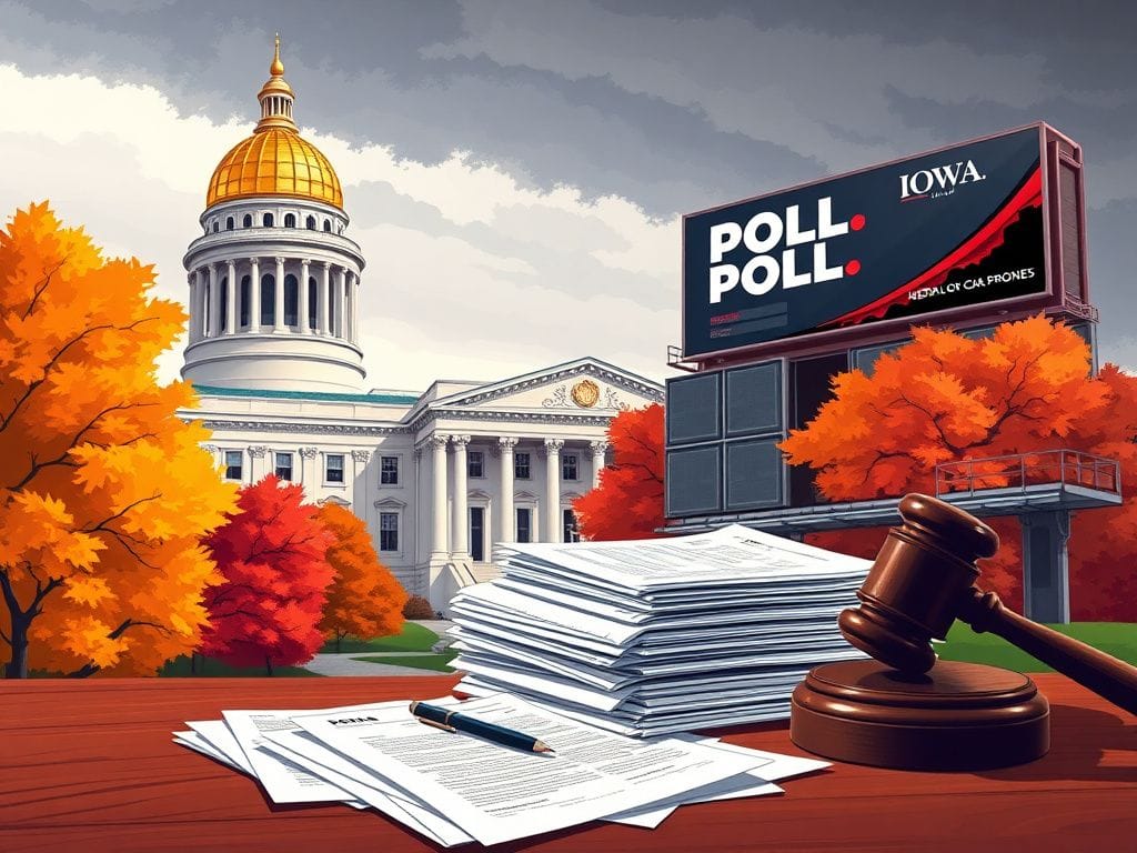Flick International Illustration of the Iowa State Capitol building surrounded by autumn-colored trees and legal documents