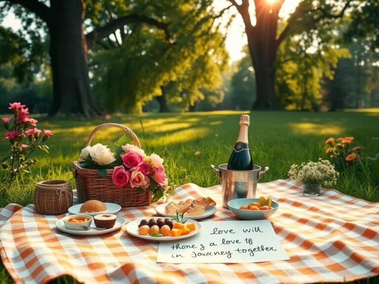 Flick International A romantic picnic setup featuring a checkered blanket, gourmet dishes, and sparkling champagne amidst a lush green park.