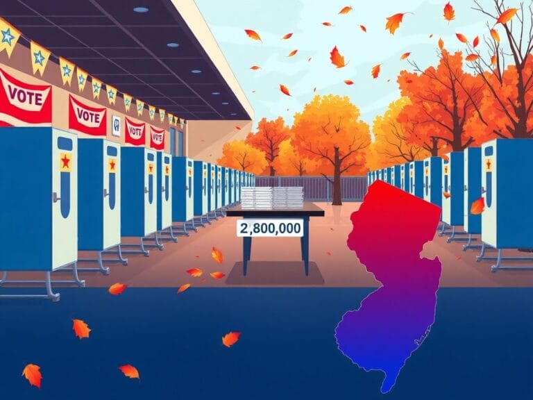 Flick International illustration of a near-empty polling station in New Jersey with voting booths and ballots