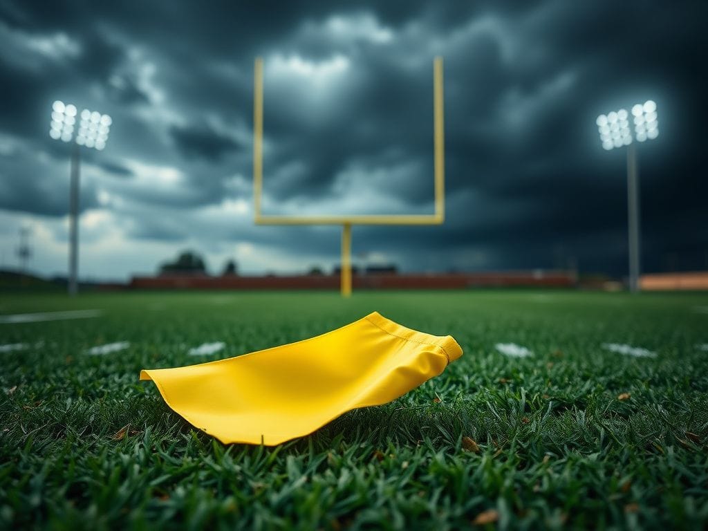 Flick International Close-up of an empty referee's penalty flag on a football field, symbolizing NFL fines and criticism of officiating