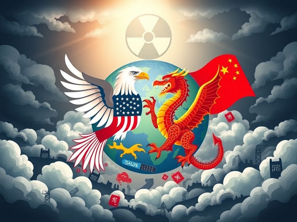 Flick International Abstract representation of global cooperation between the US and China featuring stylized eagle and dragon motifs.