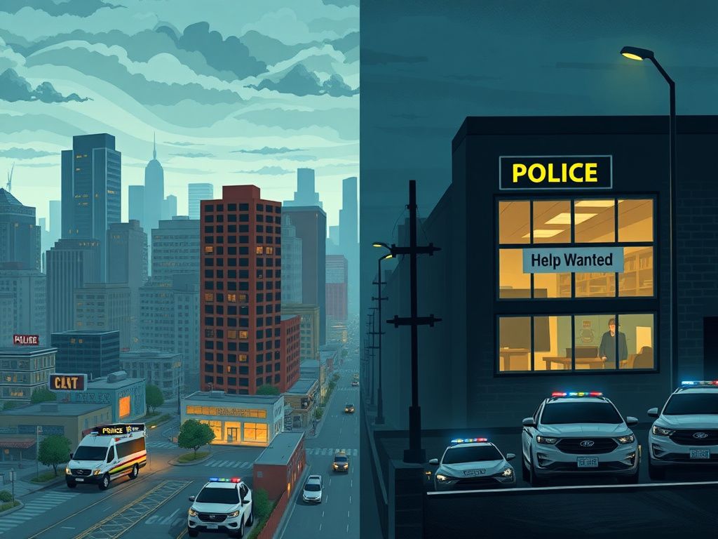 Flick International A divided cityscape contrasting vibrant immigrant support services with a dimly lit understaffed police precinct.