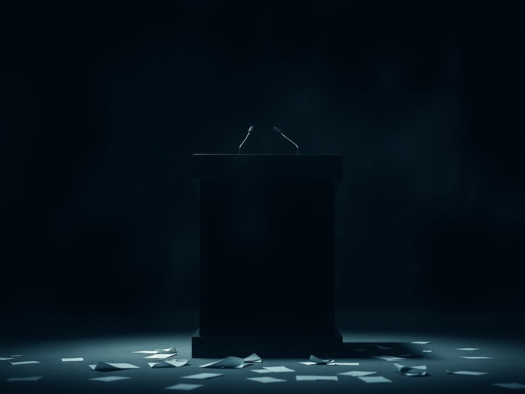 Flick International Tense political interview scene with a prominent empty podium