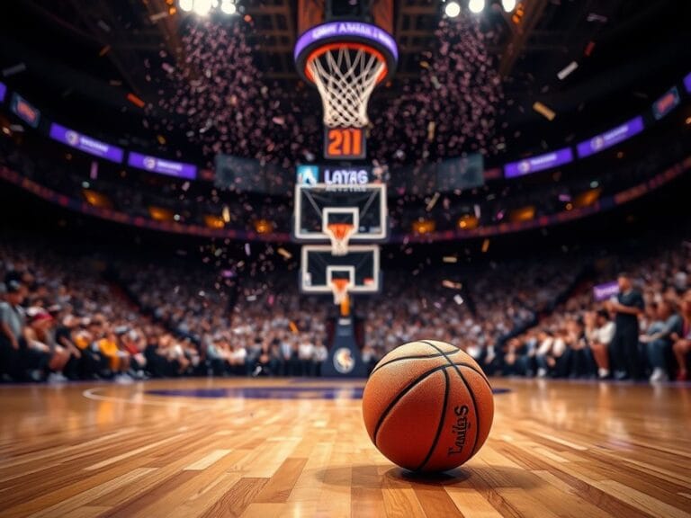 Flick International Basketball hoop glowing with confetti falling after a game-winning shot by Austin Reaves