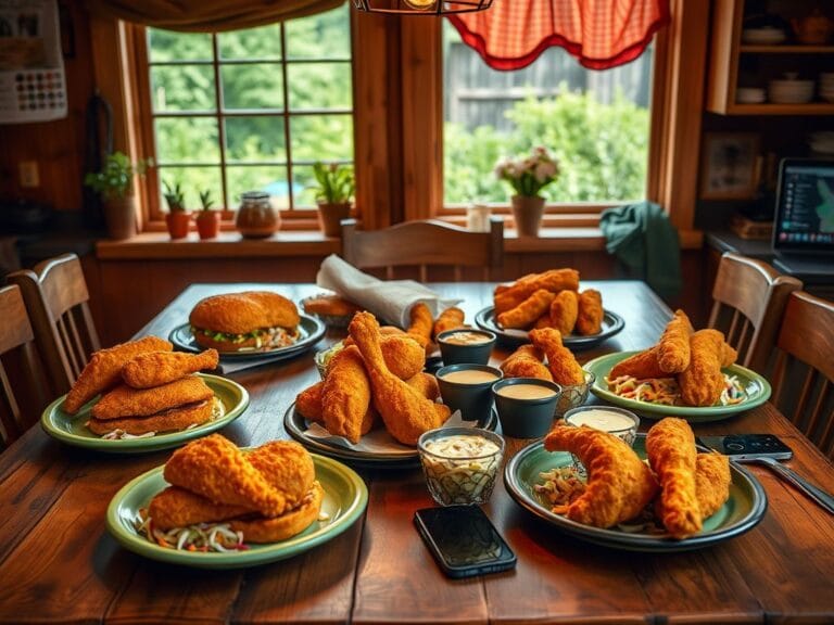 Flick International Cozy wooden dining table adorned with various chicken dishes and vibrant coleslaw in a rustic kitchen setting.