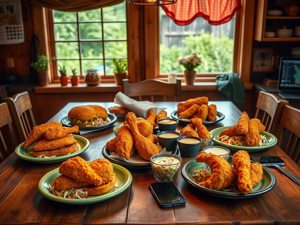 Flick International Cozy wooden dining table adorned with various chicken dishes and vibrant coleslaw in a rustic kitchen setting.