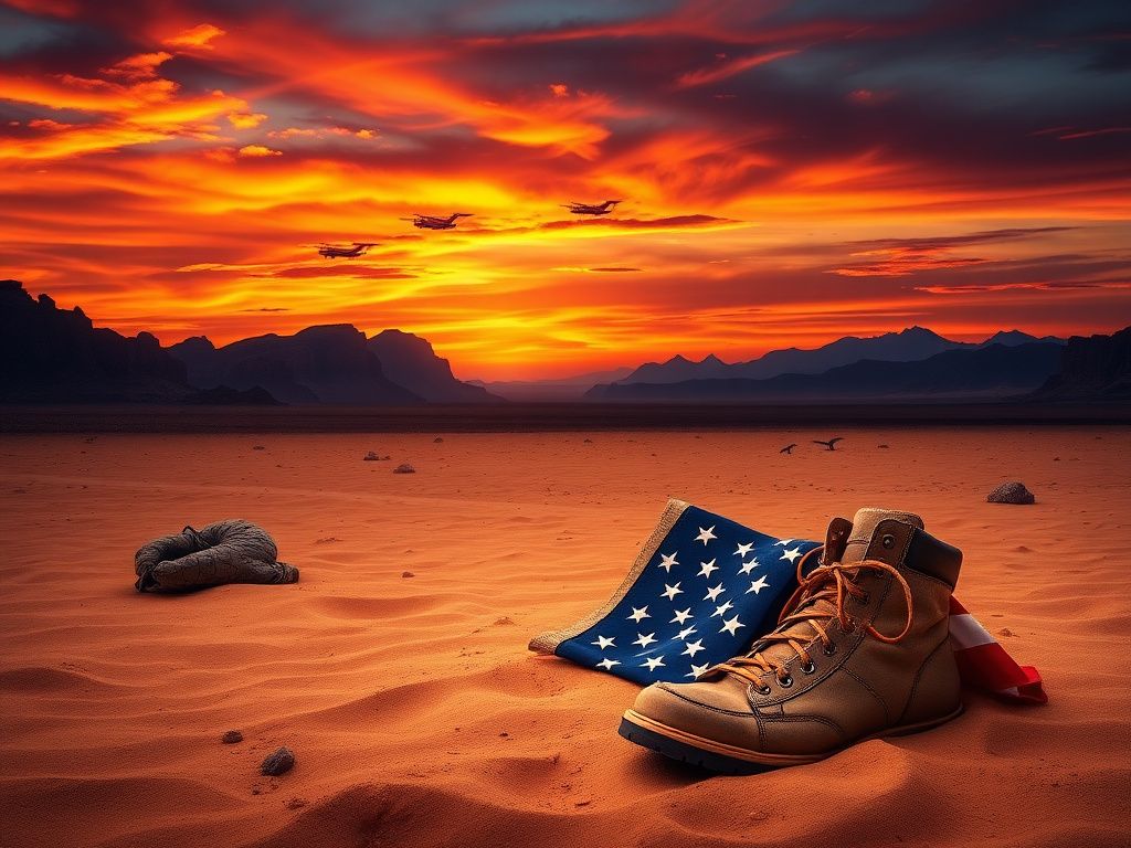 Flick International A rugged desert terrain with combat boots and a U.S. flag symbolizing military heritage