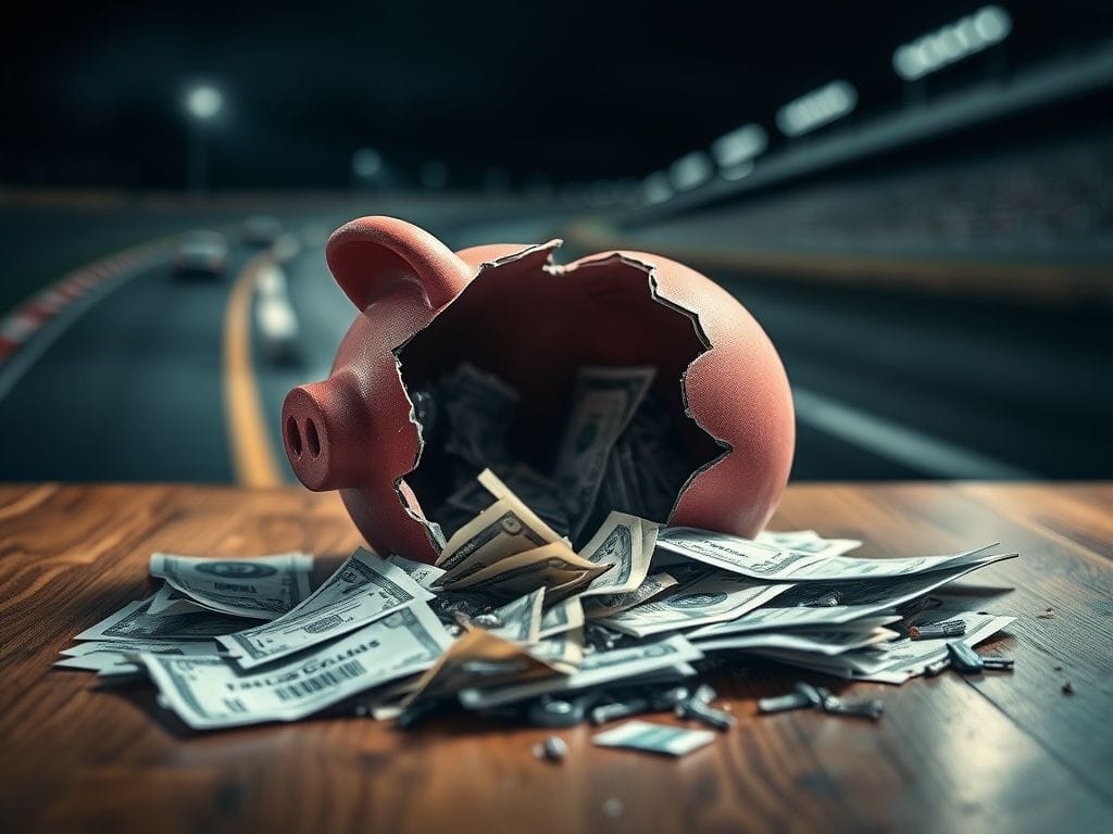 Flick International Close-up of a shattered piggy bank spilling cash and insurance papers, symbolizing financial loss