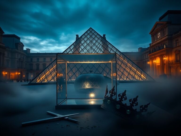 Flick International Dusk view of the Louvre Museum showcasing the glass pyramid and an empty display case hinting at a theft