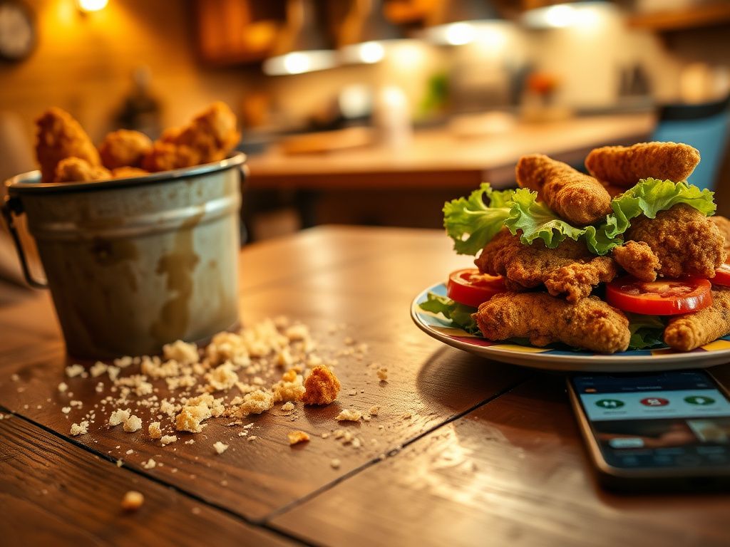 Flick International Close-up of an empty greasy fried chicken bucket next to chicken tenders and a sandwich on a rustic table