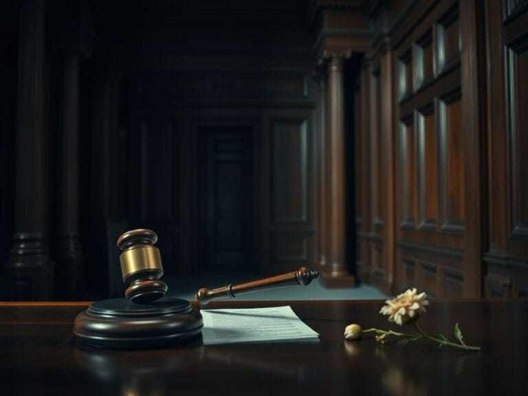 Flick International Somber courthouse interior with an empty judge's gavel and dark wooden paneling