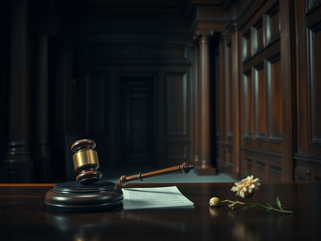 Flick International Somber courthouse interior with an empty judge's gavel and dark wooden paneling