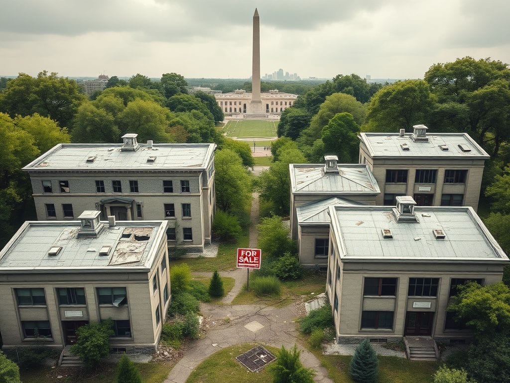 Flick International Overhead view of six deteriorating federal buildings in Washington, D.C. with neglect signs