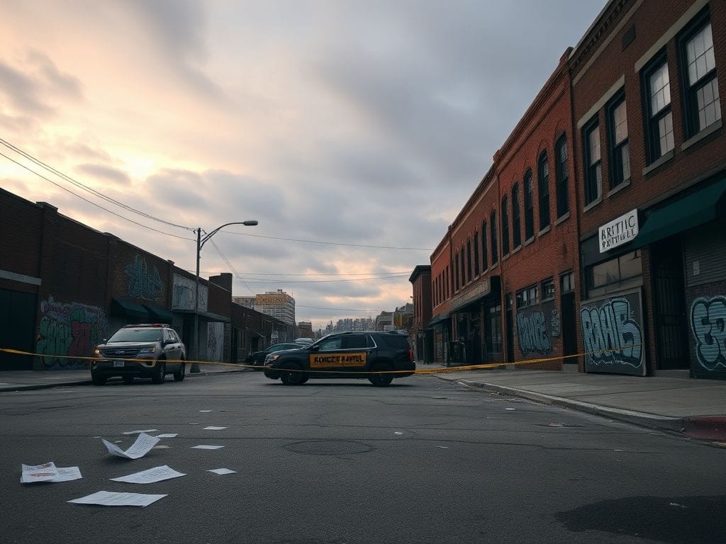 Flick International Urban landscape in Chicago's Little Village featuring colorful murals and a deserted street post-immigration raid