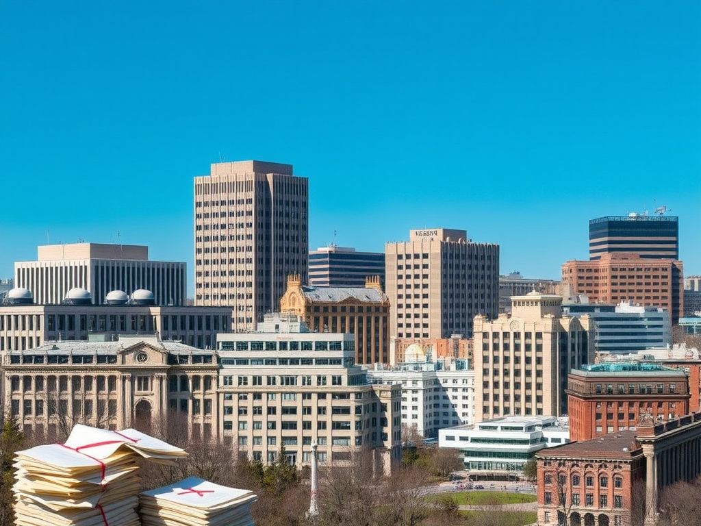 Flick International Aerial view of vacant federal buildings in Washington, D.C. with 'For Sale' signs