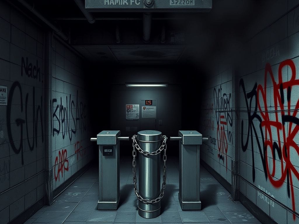 Flick International A stark urban landscape of a New York City subway entrance depicting division and tension