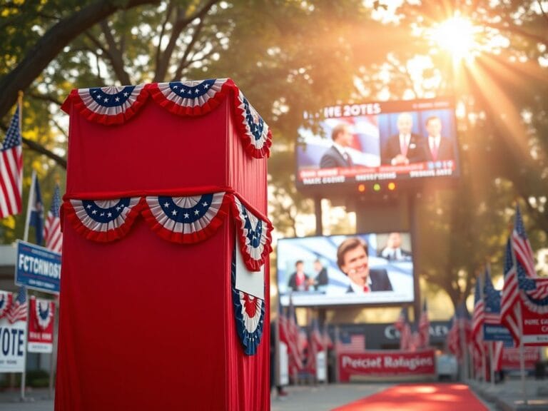 Flick International A vibrant voting booth with patriotic decorations on Election Day 2025
