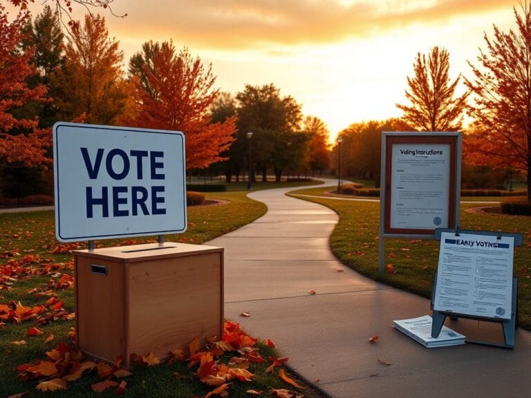 Flick International Serene voting location in autumn with a ballot box and colorful leaves