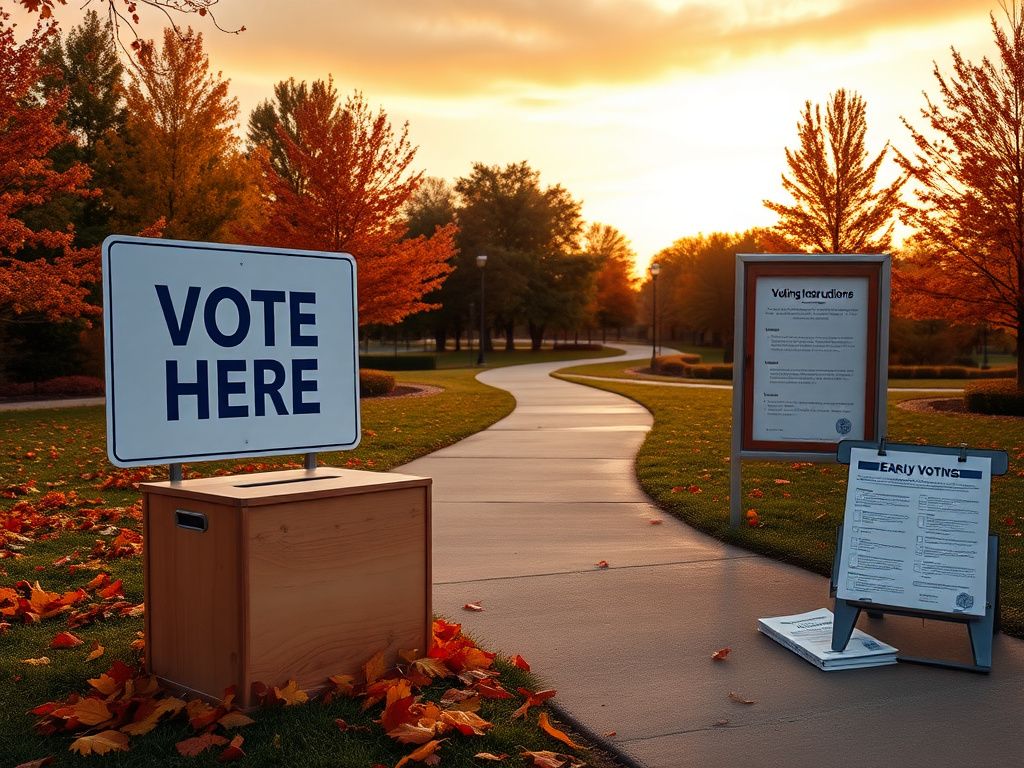 Flick International Serene voting location in autumn with a ballot box and colorful leaves