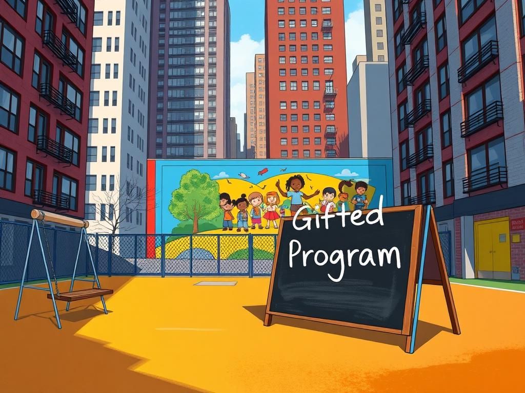 Flick International Vibrant illustration of a public school playground in NYC, highlighting an empty chalkboard for the gifted program.