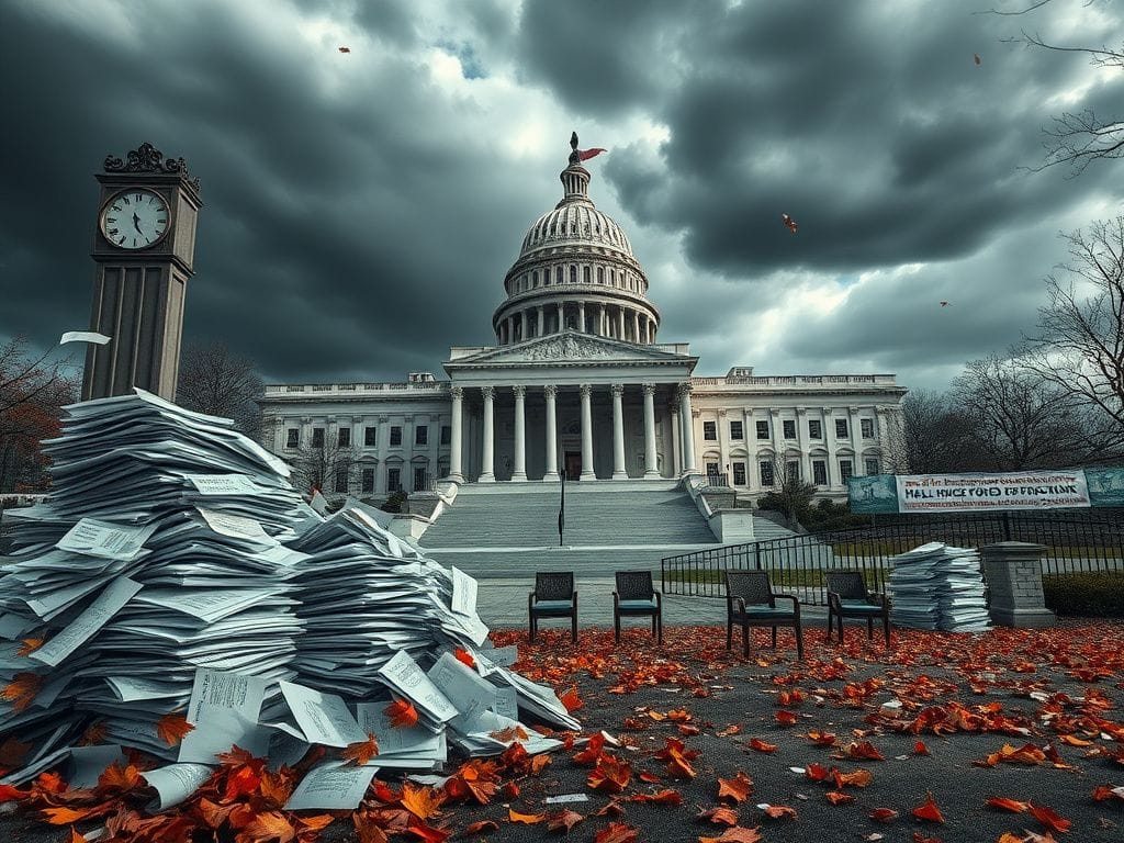 Flick International Scene depicting a disarrayed government building under stormy skies with chaotic paperwork.