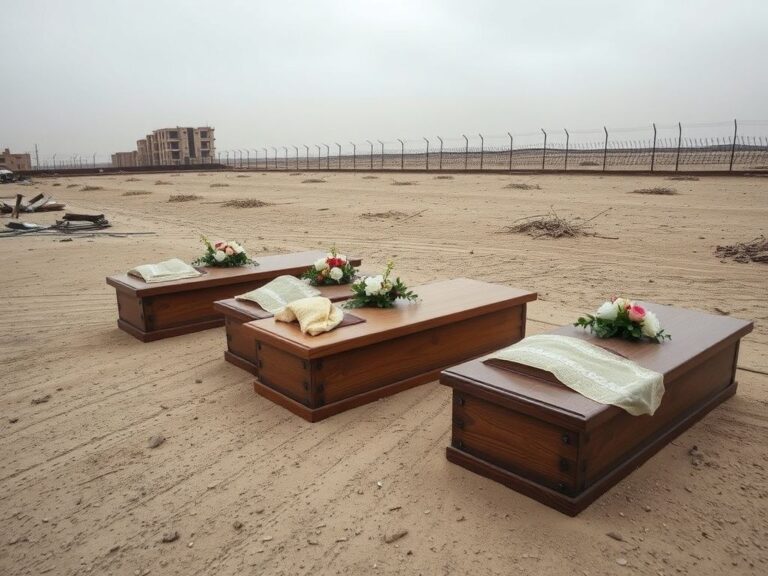 Flick International Several wooden coffins on an open stretch of land in Gaza, surrounded by a muted landscape