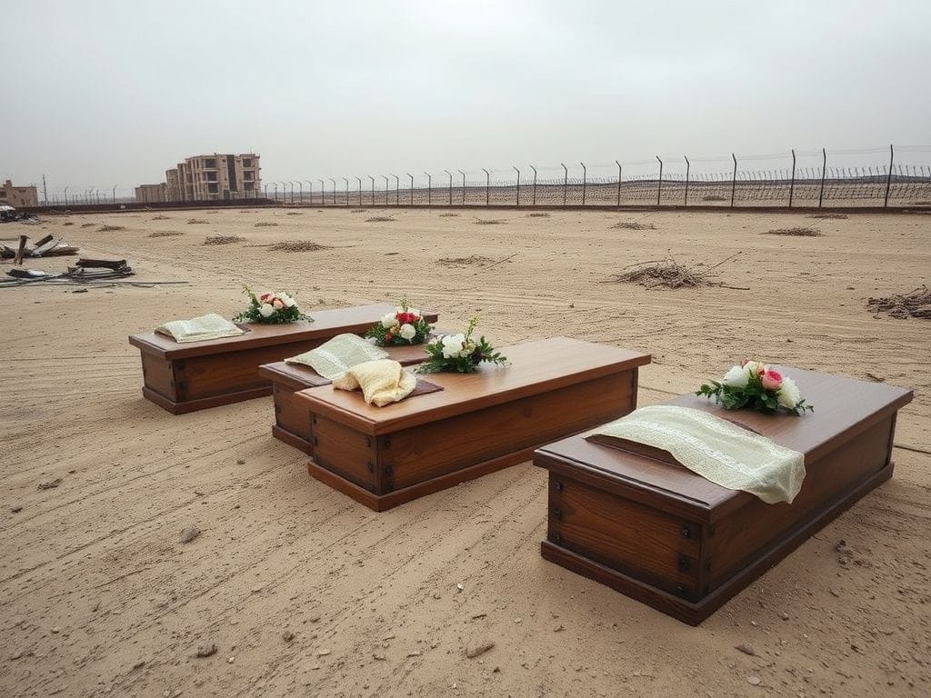 Flick International Several wooden coffins on an open stretch of land in Gaza, surrounded by a muted landscape