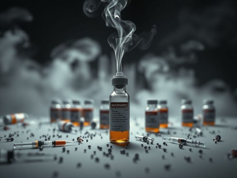 Flick International Close-up view of a laboratory table with vials and syringes representing synthetic opioids.