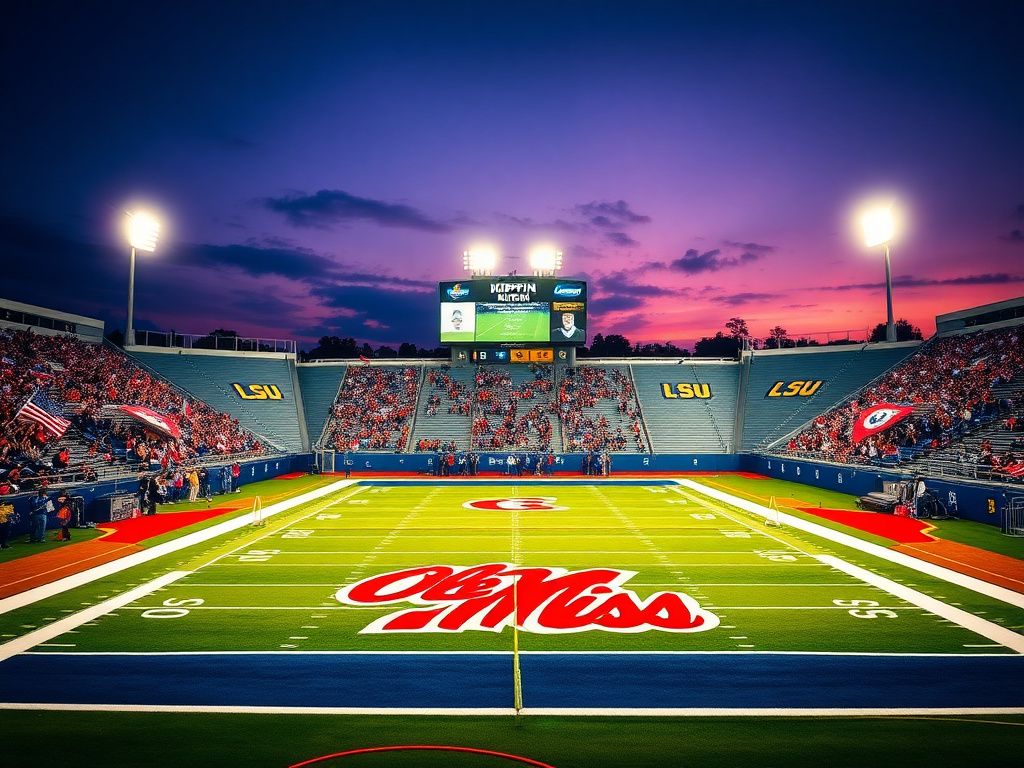 Flick International Twilight college football stadium scene with cheering fans and illuminated field