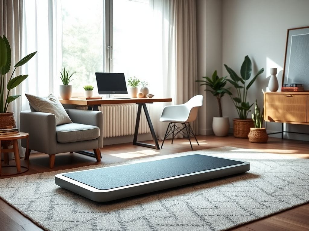 Flick International Modern living room featuring a stylish walking pad integrated into the decor