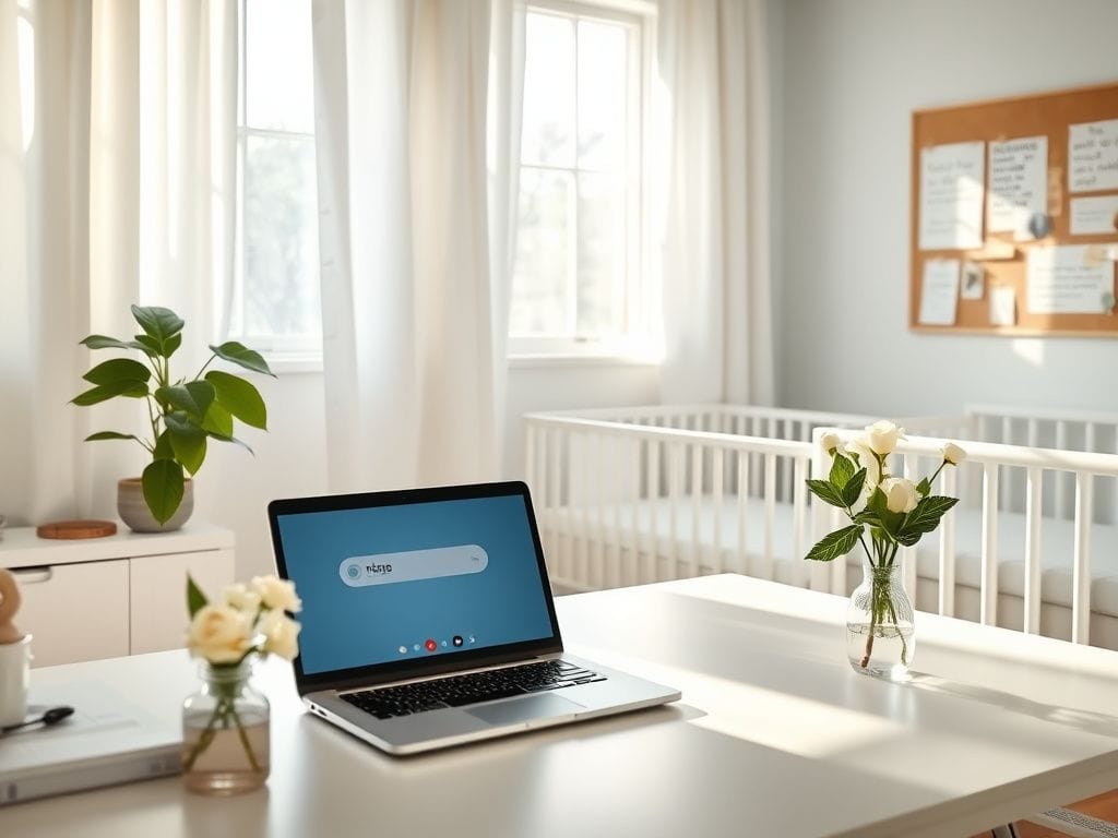 Flick International Serene home office scene with laptop and baby's crib