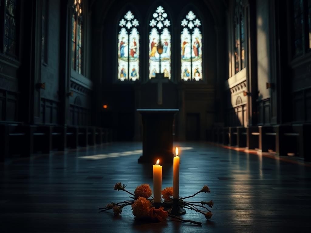 Flick International Dimly lit empty church interior with high ceilings and stained glass windows