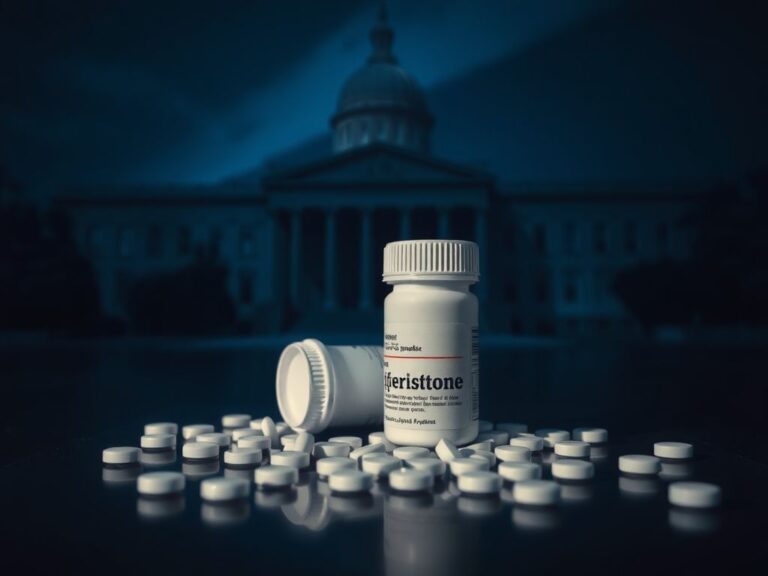 Flick International Close-up of a prescription bottle labeled 'Mifepristone' with scattered pills on a dark surface