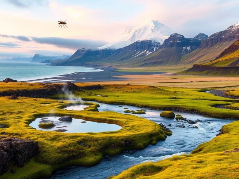 Flick International Serene landscape of Iceland featuring rugged coastline, snow-capped mountains, and mosquitoes