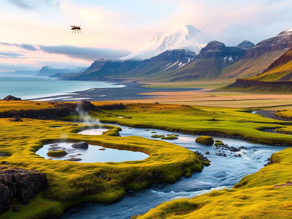 Flick International Serene landscape of Iceland featuring rugged coastline, snow-capped mountains, and mosquitoes