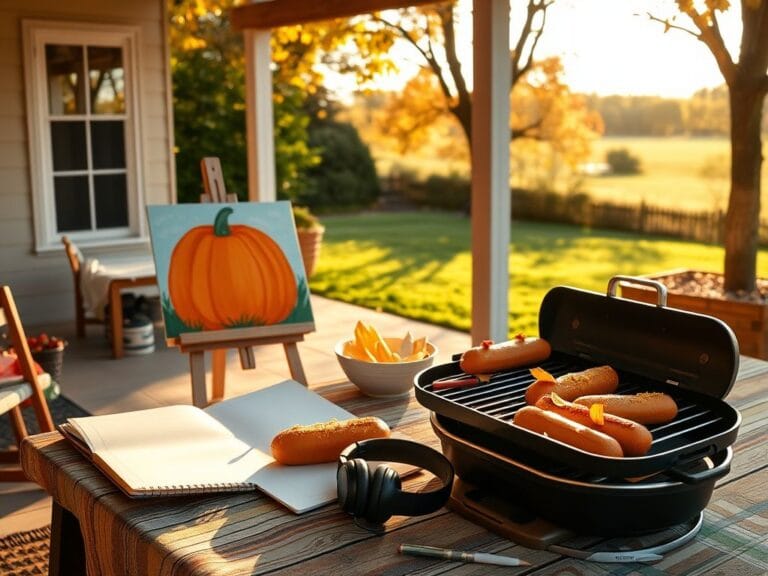Flick International Cozy backyard scene with vibrant colors, hot dogs on a grill, and a peaceful park area