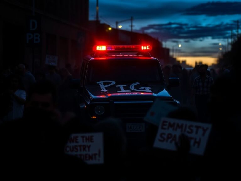 Flick International Protest scene with unmarked black SUV surrounded by a crowd during immigration enforcement protest