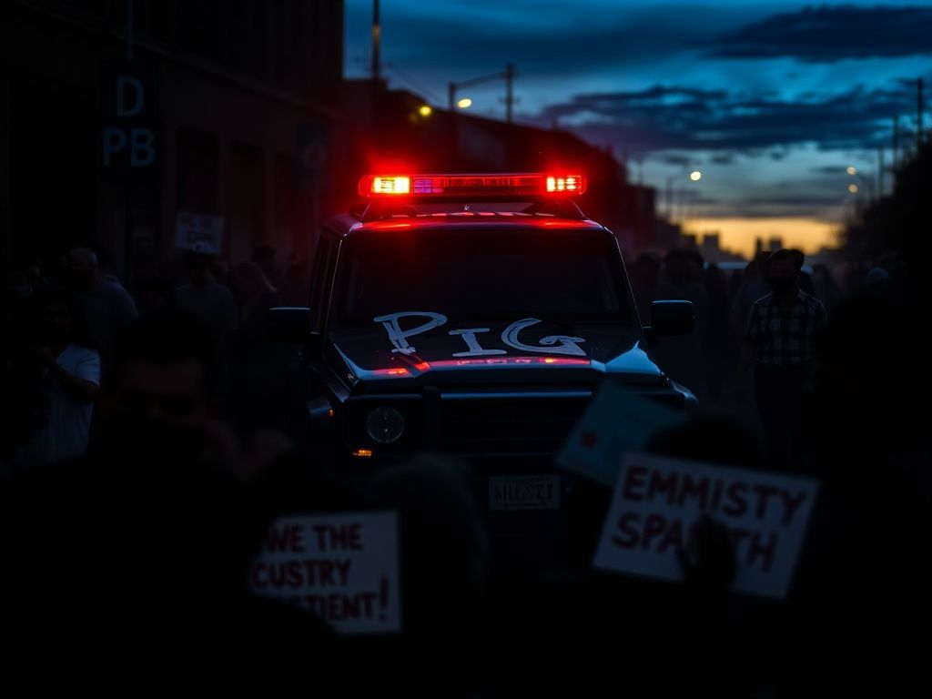 Flick International Protest scene with unmarked black SUV surrounded by a crowd during immigration enforcement protest