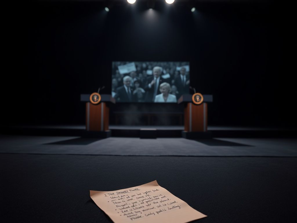 Flick International An empty debate stage under dramatic lighting with two podiums set up for Biden and Trump.