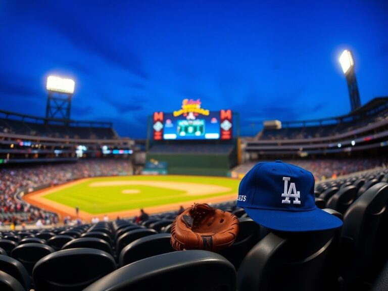 Flick International Panoramic view of Dodger Stadium with baseball glove and Dodgers cap in empty row of seats