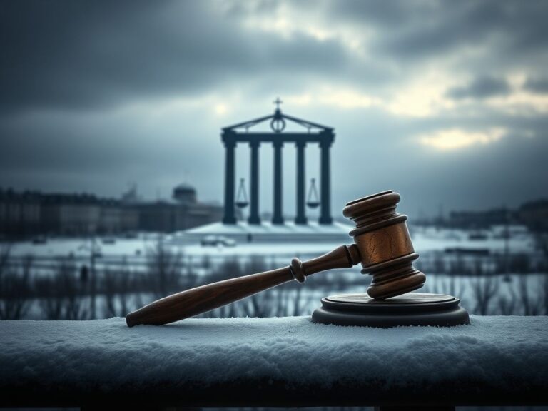 Flick International Cracked gavel on a snow-covered bench against a winter cityscape symbolizing justice