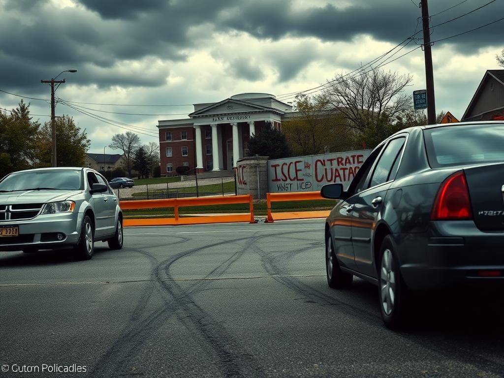 Flick International Dynamic urban street scene in Illinois showing vehicles involved in a recent collision near an ICE office