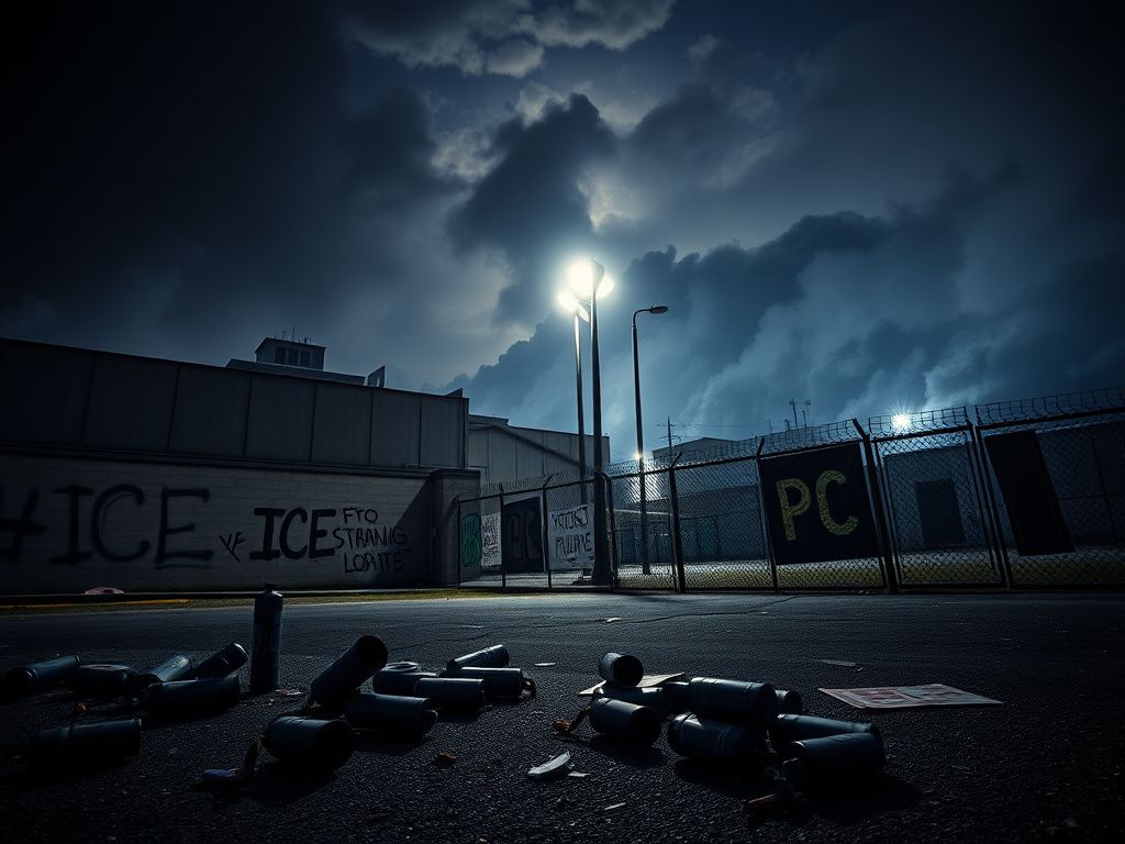 Flick International Exterior view of a U.S. Immigration and Customs Enforcement (ICE) facility at night with ominous clouds and streetlights